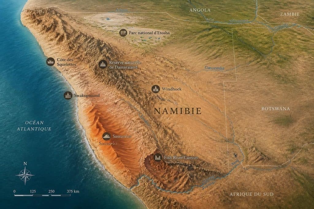 découvrez notre carte détaillée de la namibie avec les principaux points d’intérêt pour organiser efficacement votre voyage et ne rien manquer de ce pays fascinant.